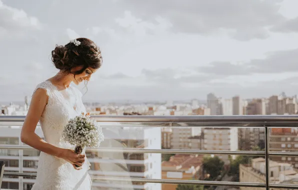 The sky, girl, clouds, bouquet, brunette, hairstyle, balcony, the bride