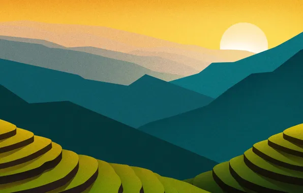 Sunset, The sun, Nature, Minimalism, Mountains, Mountain, Figure, Dawn
