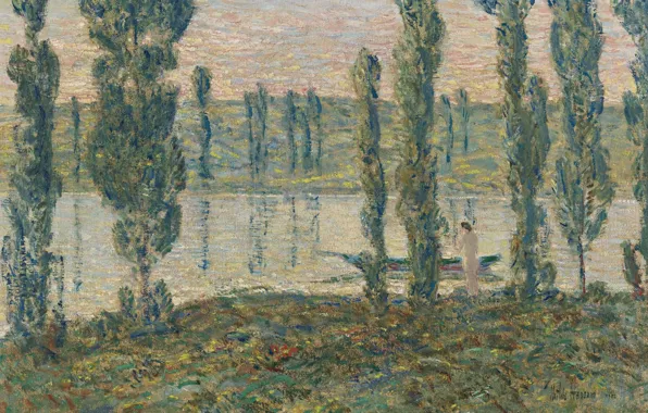 Picture girl, trees, landscape, boat, picture, evening on the river, Frederick Childe Hassam, Childe Hassam