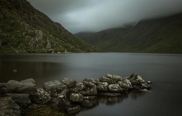 Mountains, stones, overcast, rocks, shore, pond, boulders, frowning