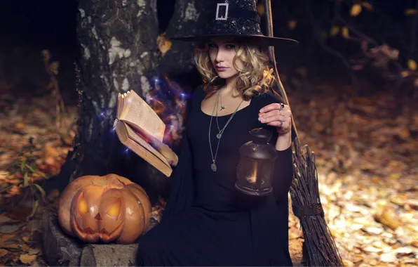 Picture girl, lantern, pumpkin, Halloween, book, broom, witch, Hakan Erenler