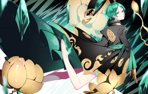 Girl, flowers, anime, art, green, crystals, gold, House no Kuni