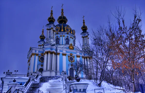 Picture winter, the sky, snow, trees, the evening, Ukraine, Kiev, Andreevsky descent