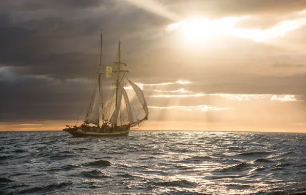 The sky, clouds, the ocean, the wind, ship, sailboat, the ship, Northern waters