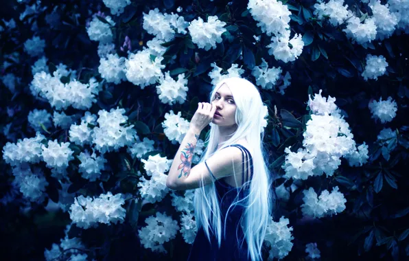 Picture girl, drops, flowers, tears, tattoo, cry, long hair, Lichon