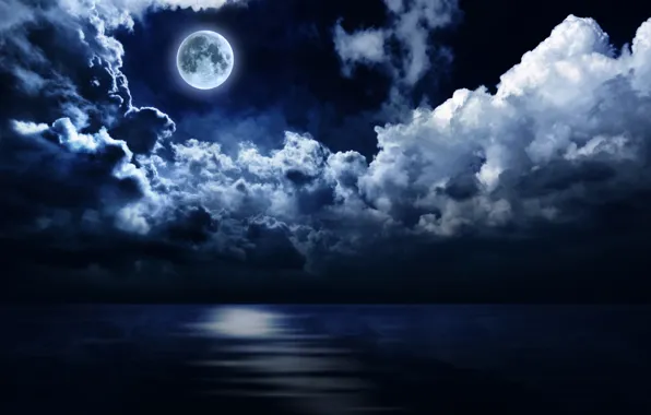 Sea, the sky, clouds, night, the moon, horizon