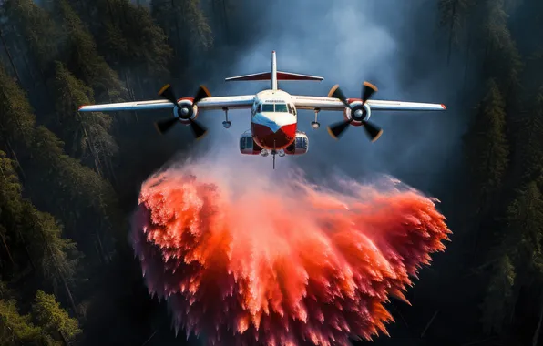The plane, Trees, Smoke, Forest, Fire, Digital art, Water discharge, Fire plane