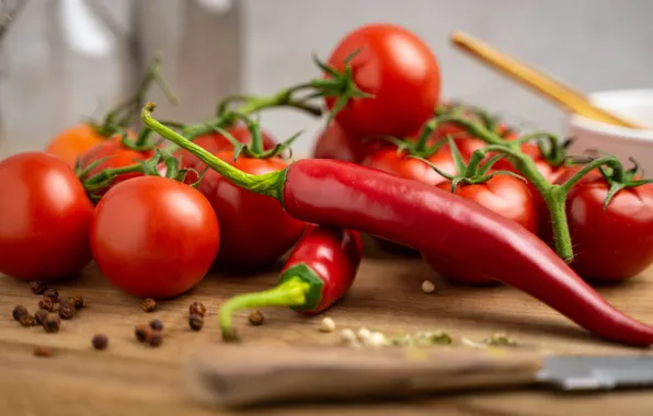 Table, food, red, pepper, sharp, vegetables, tomatoes, tomatoes