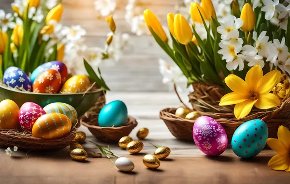 Flowers, eggs, spring, colorful, Easter, happy, flowers, spring
