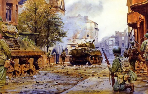 Picture the city, war, street, smoke, building, battle, Americans, soldiers
