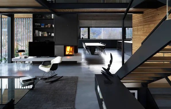 Design, style, interior, Alps, Italy, kitchen, fireplace, living room