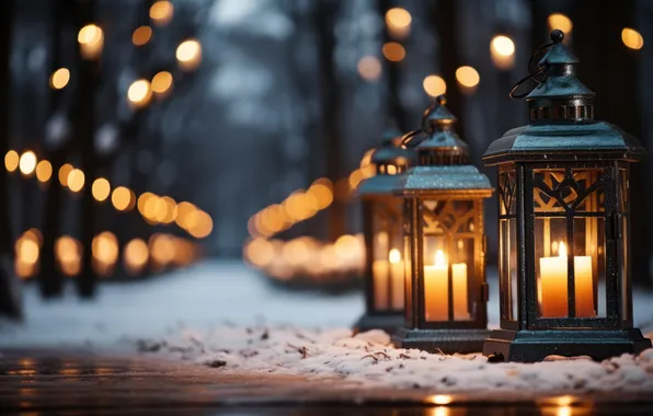 Winter, snow, night, Christmas, lantern, New year, Christmas, night