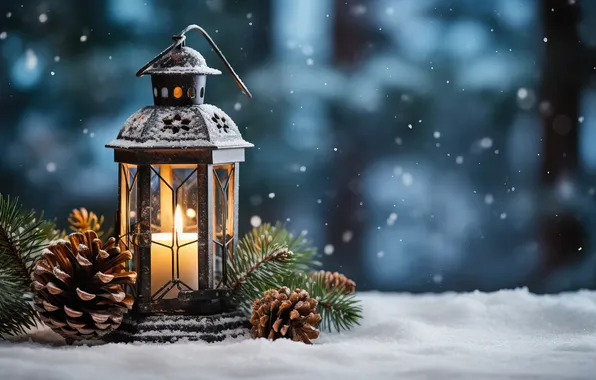Winter, snow, night, Christmas, lantern, New year, Christmas, night