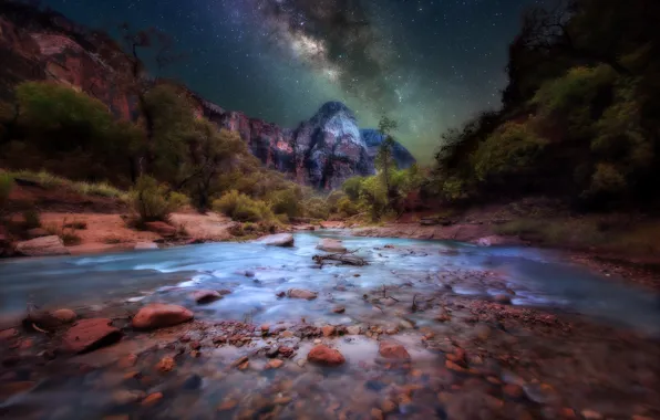Stars, night, river, stones, rocks, the milky way, Zion National Park, Utah