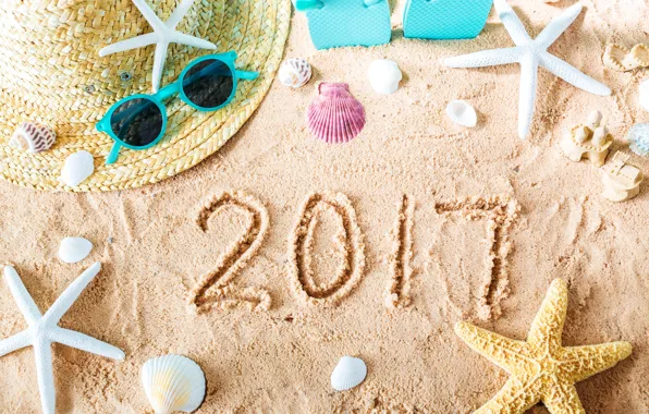 Sand, beach, summer, stars, stay, hat, glasses, shell