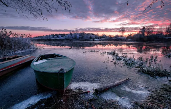 Picture frost, landscape, nature, river, dawn, ice, boats, morning