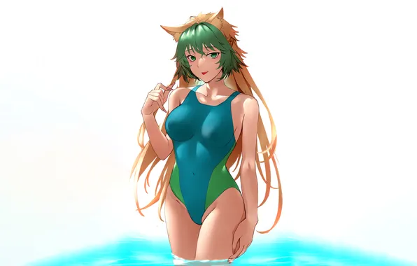 Girl, sexy, green eyes, long hair, boobs, animal ears, anime, water
