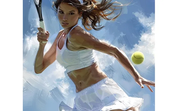 Girl, The ball, Sport, Hair, Brown hair, Art, Tennis, Racket