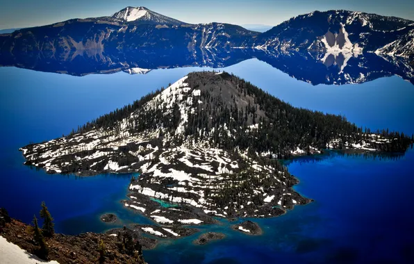 Forest, mountains, lake, Oregon, Crater Lake, the crater of the volcano