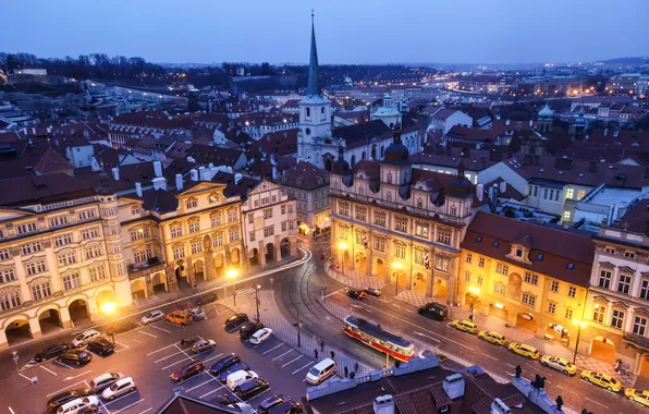 Road, machine, the city, building, the evening, Prague, Czech Republic, lighting