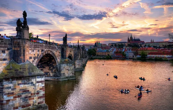 Picture water, the city, river, the evening, Prague, Czech Republic, architecture, swans