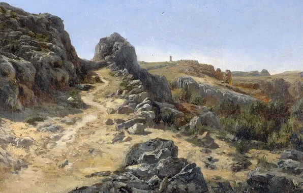 Landscape, stones, rocks, picture, path, Carlos de Haes, Landscape near Monastery