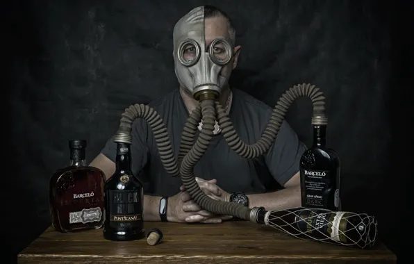 People, alcohol, gas mask