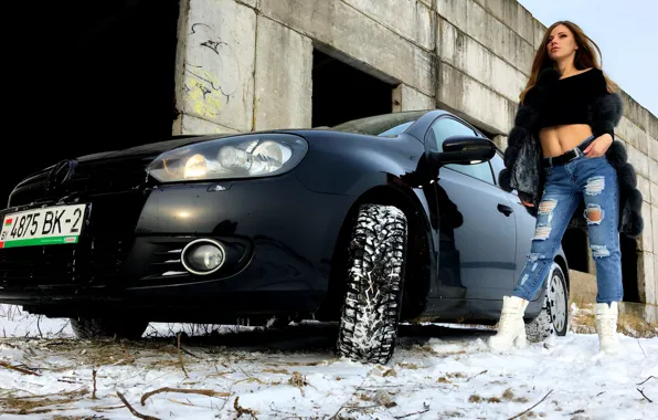 Picture look, Girls, room, Volkswagen, beautiful girl, black car, posing on the car