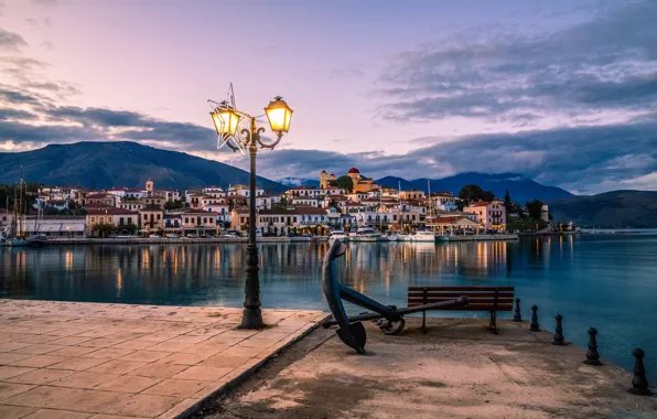 Picture sea, mountains, bench, building, home, the evening, Greece, lantern