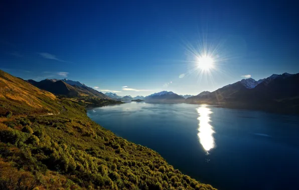 Picture the sun, mountains, river