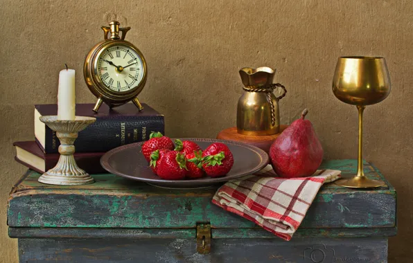 Watch, strawberry, dishes, pear, still life