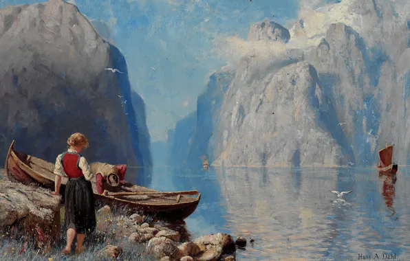 Picture Norwegian artist, Norwegian painter, Hans Andreas Dahl, Hans Andreas Dahl, The Norwegian fjord landscape, Norwegian …