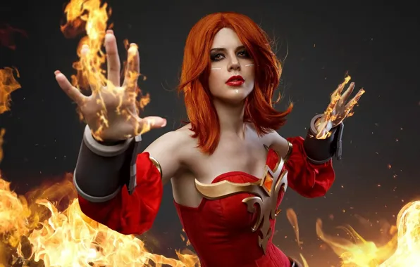 Picture girl, flame, neckline, red, red dress, cosplay, Dota 2, DotA 2