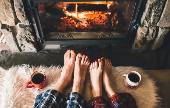 Heat, fire, feet, woman, coffee, Cup, male, fireplace