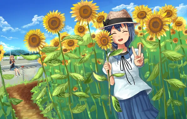 Summer, sunflowers, girls, watermelon, Yuru Yuri, Sakurako Oomuro, Himawari Furutani