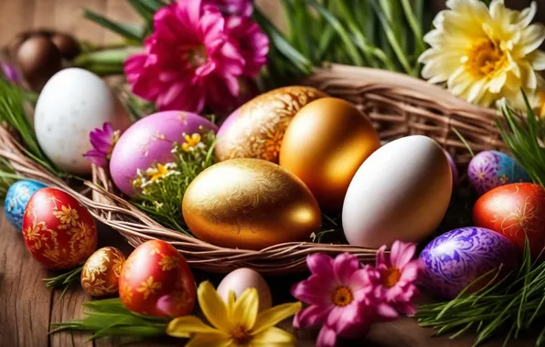Flowers, eggs, spring, colorful, Easter, happy, flowers, spring