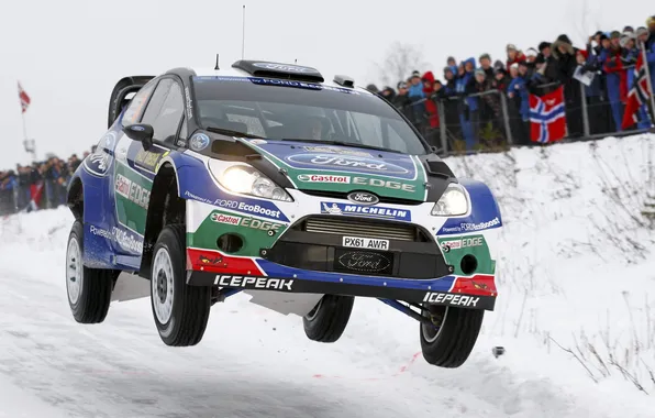 Ford, Winter, Snow, Flight, Ford, The hood, Lights, WRC