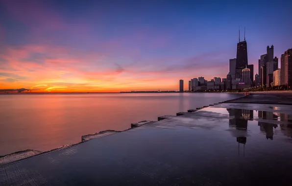 Chicago, Illinois, water, sunrise, shore, reflection, Lake, Michigan