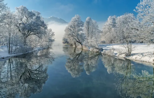 Winter, frost, trees, reflection, river, Germany, Bayern, Germany