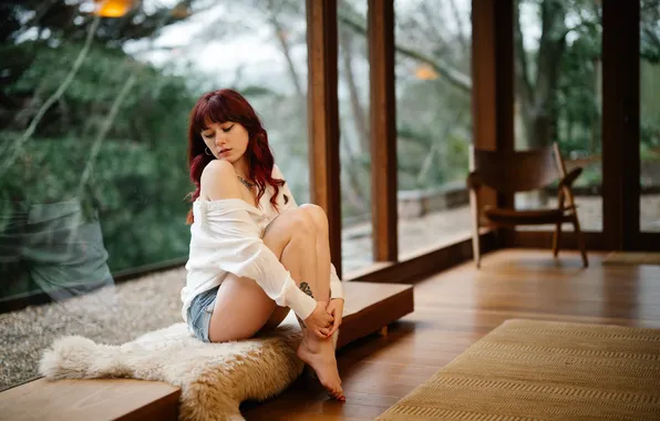 Shorts, red, shirt, legs, sitting, Catherine