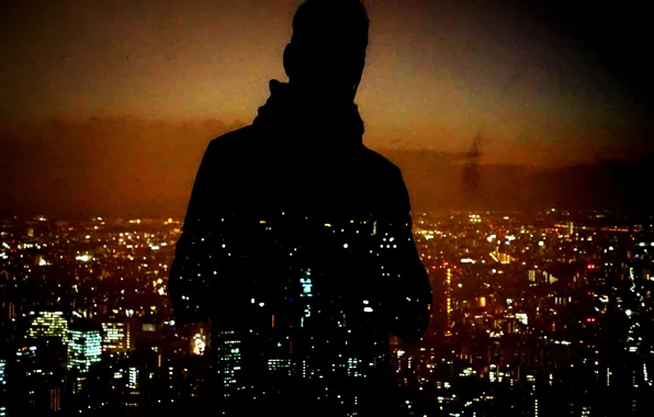 Night, man, cityscape, silhouette
