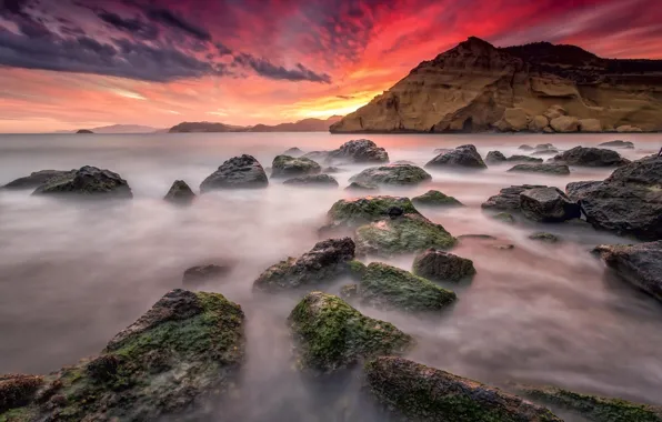 Sea, stones, rocks, dawn, shore, mountain