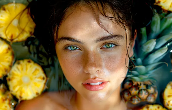 Look, water, girl, light, face, pose, portrait, brunette