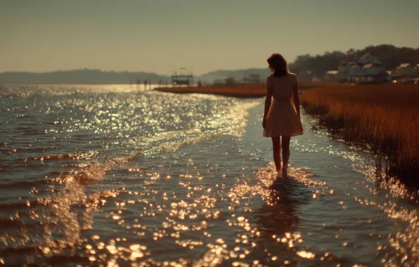 Sea, beach, girl, light, glare, morning, surf, walk