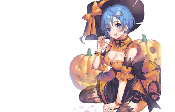 Pumpkin, neckline, white background, corset, bow, blue hair, ruffles, Jack