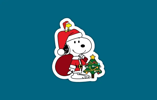 Blue background, Blue background, Snoopy and Woodstock dressed as Santa Claus, Snoopy and Woodstock in …