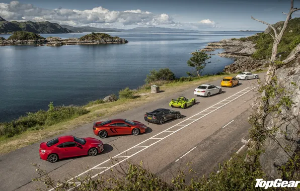 Picture road, the sky, water, coast, McLaren, Ford, 911, Porsche