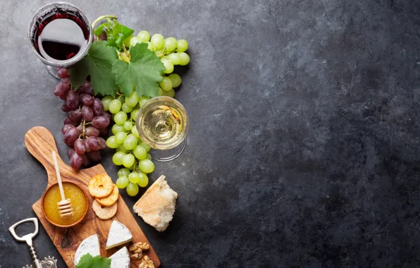 Picture wine, Apple, cheese, honey, grapes, Board