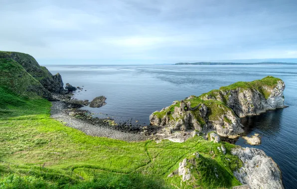 Sea, greens, the sky, stones, rocks, shore, dal, horizon