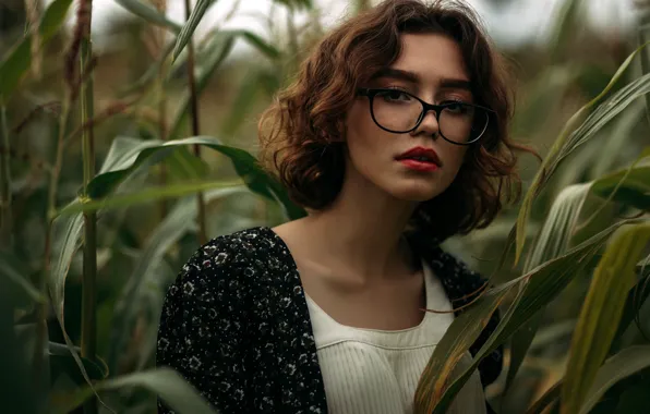 Look, leaves, nature, model, portrait, makeup, glasses, hairstyle